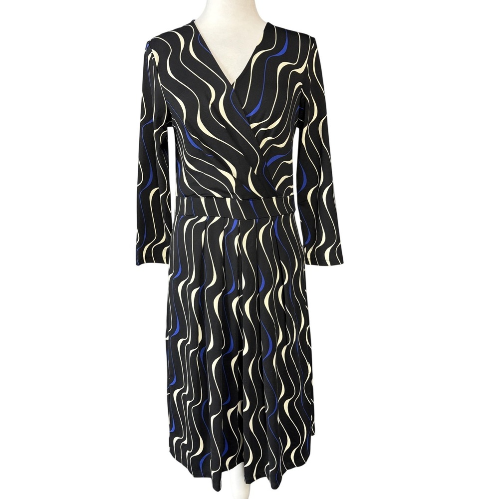 Talbots Wrap Dress Womens 6 Black Wavy Stripe‎ Fit Flare 3/4 Sleeve Midi Jersey